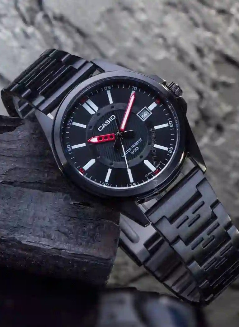 كاسيو Analog Men’s Watch MTP‑E700B‑1EVDF, 45 mm Black Dial, Black Ion‑Plated Stainless Steel Bracelet, 50 m WR - Image 1